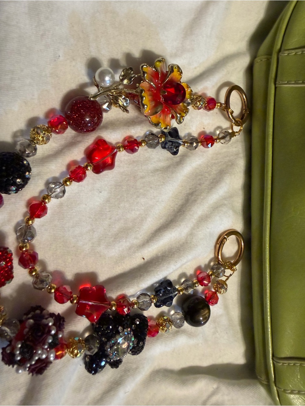 Gold-Tone Floral Red Beaded bag charm or keychain